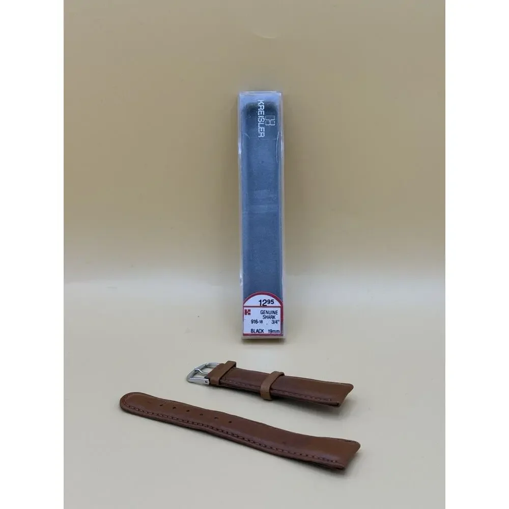 19mm KREISLER Genuine Shark Brown NOS Vintage Watch Band & Gold-Tone Buckle